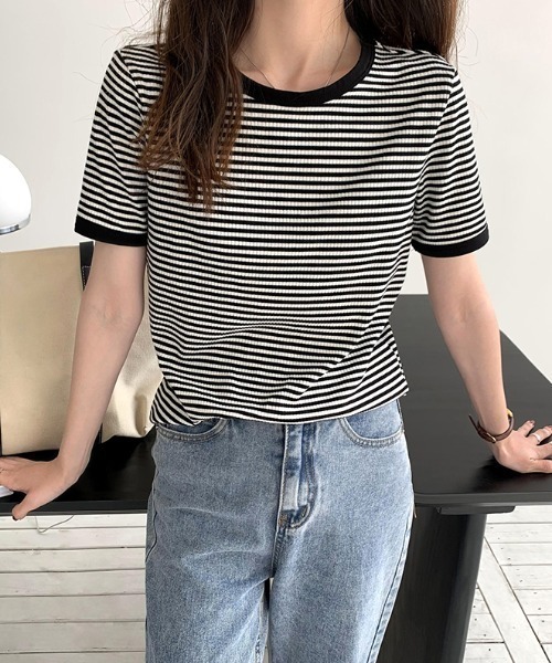 emi+(エミプラス)の「5分袖配色パイピングカットソーボーダーTee(Tシャツ/カットソー・レディース・ブラック/グリーン/オレンジ/ネイビー/ボルドー・S/M/L)」の7枚目の写真