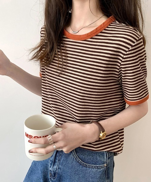 emi+(エミプラス)の「5分袖配色パイピングカットソーボーダーTee(Tシャツ/カットソー・レディース・ブラック/グリーン/オレンジ/ネイビー/ボルドー・S/M/L)」の8枚目の写真