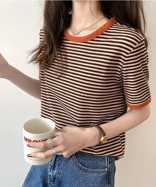 emi+(エミプラス)の「5分袖配色パイピングカットソーボーダーTee(Tシャツ/カットソー・レディース・ブラック/グリーン/オレンジ/ネイビー/ボルドー・S/M/L)」の9枚目の写真