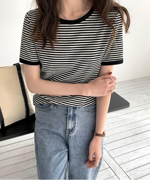 emi+(エミプラス)の「5分袖配色パイピングカットソーボーダーTee(Tシャツ/カットソー・レディース・ブラック/グリーン/オレンジ/ネイビー/ボルドー・S/M/L)」の10枚目の写真