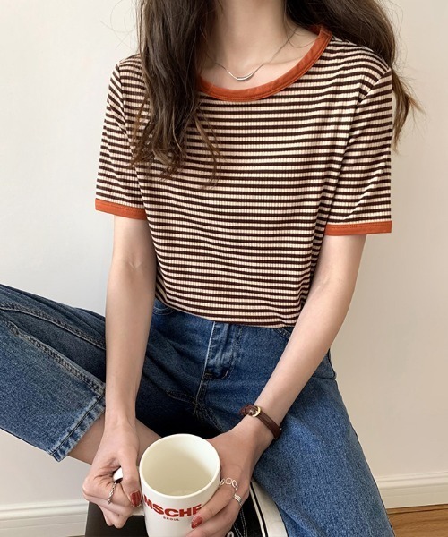 emi+(エミプラス)の「5分袖配色パイピングカットソーボーダーTee(Tシャツ/カットソー・レディース・ブラック/グリーン/オレンジ/ネイビー/ボルドー・S/M/L)」の11枚目の写真