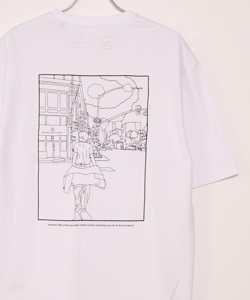 Naked Rust and other POEMS(ネイキッドラストアンドアザーポエムス)の「フロント ワンポイント バック イラストプリント 裾ワンポイント コットン 半袖 Tシャツ(Tシャツ/カットソー・メンズ・ホワイト/グレイッシュブルー/ブラック・M/L)」の1枚目の写真