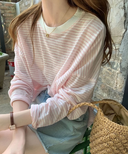 Girly Doll(ガーリードール)の「ボーダードロップショルダーカットソー(Tシャツ/カットソー・レディース・ブラック/ブルー/ピンク/モカ・FREE)」の4枚目の写真