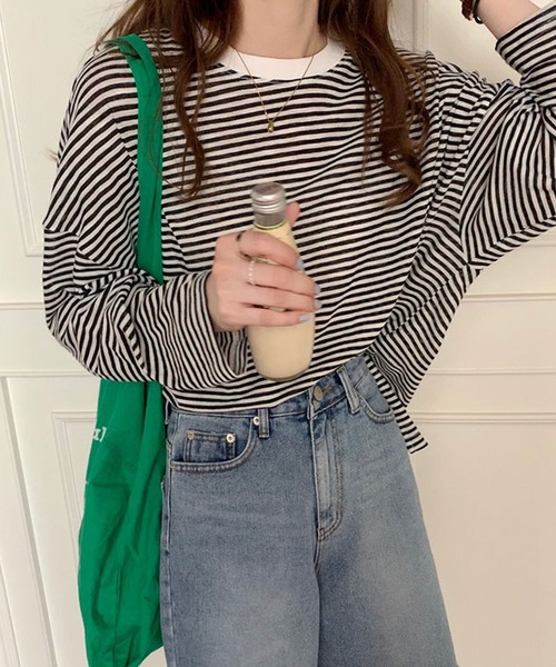 Girly Doll(ガーリードール)の「ボーダードロップショルダーカットソー(Tシャツ/カットソー・レディース・ブラック/ブルー/ピンク/モカ・FREE)」の2枚目の写真