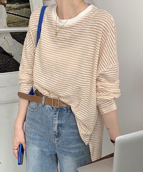 Girly Doll(ガーリードール)の「ボーダードロップショルダーカットソー(Tシャツ/カットソー・レディース・ブラック/ブルー/ピンク/モカ・FREE)」の3枚目の写真