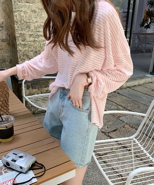 Girly Doll(ガーリードール)の「ボーダードロップショルダーカットソー(Tシャツ/カットソー・レディース・ブラック/ブルー/ピンク/モカ・FREE)」の8枚目の写真