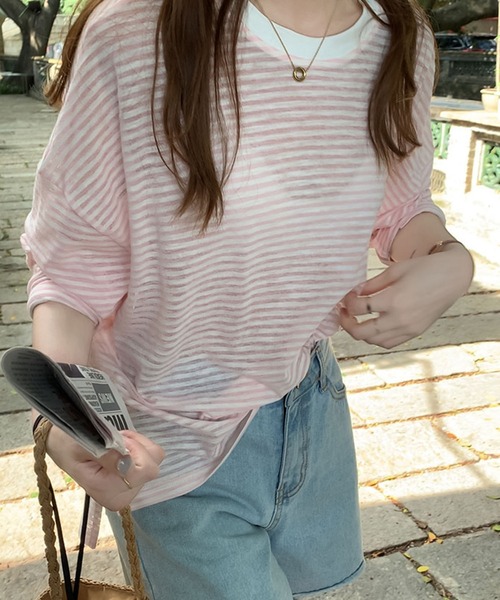 Girly Doll(ガーリードール)の「ボーダードロップショルダーカットソー(Tシャツ/カットソー・レディース・ブラック/ブルー/ピンク/モカ・FREE)」の9枚目の写真