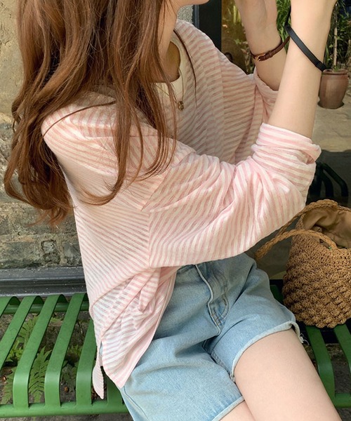 Girly Doll(ガーリードール)の「ボーダードロップショルダーカットソー(Tシャツ/カットソー・レディース・ブラック/ブルー/ピンク/モカ・FREE)」の13枚目の写真