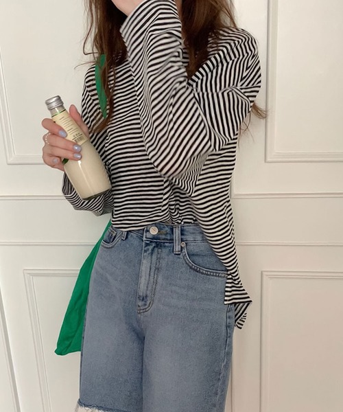 Girly Doll(ガーリードール)の「ボーダードロップショルダーカットソー(Tシャツ/カットソー・レディース・ブラック/ブルー/ピンク/モカ・FREE)」の21枚目の写真