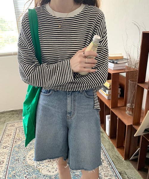 Girly Doll(ガーリードール)の「ボーダードロップショルダーカットソー(Tシャツ/カットソー・レディース・ブラック/ブルー/ピンク/モカ・FREE)」の22枚目の写真