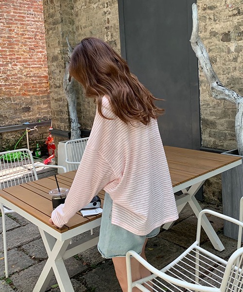 Girly Doll(ガーリードール)の「ボーダードロップショルダーカットソー(Tシャツ/カットソー・レディース・ブラック/ブルー/ピンク/モカ・FREE)」の14枚目の写真