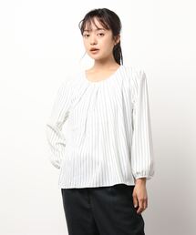 m.f.editorial | エムエフエディトリアルレディース/m.f.editorial：Women ストライプ柄タック クルー 8分袖プルオーバーブラウス(シャツ/ブラウス)