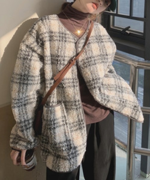 ACT（アクト）の「チェック柄 ノーカラーフリースジャケット（ノーカラージャケット・レディース・ホワイト×グレー・M/L/2XL/XL）」の14枚目の写真