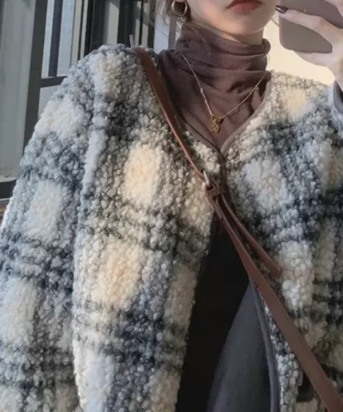 ACT（アクト）の「チェック柄 ノーカラーフリースジャケット（ノーカラージャケット・レディース・ホワイト×グレー・M/L/2XL/XL）」の18枚目の写真