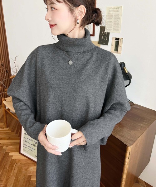 moment+（モーメントプラス）の「【累計販売枚数2万枚突破！】〈セットアップ〉タートルネックベスト＆クルーネック長袖ニットワンピース(自宅で洗えるウォッシャブル加工)（ワンピース・レディース・ブラック/パープル/ミント/杢グレー/ベージュ/チャコールグレー/ブラウン・FREE/M/L）」の15枚目の写真