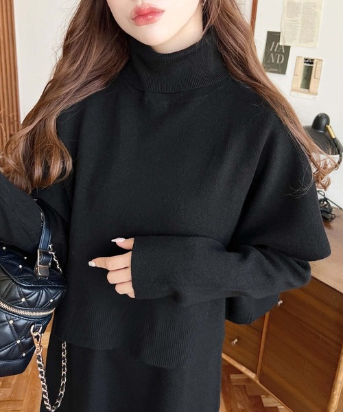 moment+（モーメントプラス）の「【累計販売枚数2万枚突破！】〈セットアップ〉タートルネックベスト＆クルーネック長袖ニットワンピース(自宅で洗えるウォッシャブル加工)（ワンピース・レディース・ブラック/パープル/ミント/杢グレー/ベージュ/チャコールグレー/ブラウン・FREE/M/L）」の8枚目の写真