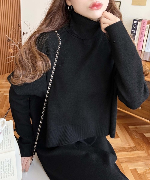 moment+（モーメントプラス）の「【累計販売枚数2万枚突破！】〈セットアップ〉タートルネックベスト＆クルーネック長袖ニットワンピース(自宅で洗えるウォッシャブル加工)（ワンピース・レディース・ブラック/パープル/ミント/杢グレー/ベージュ/チャコールグレー/ブラウン・FREE/M/L）」の10枚目の写真