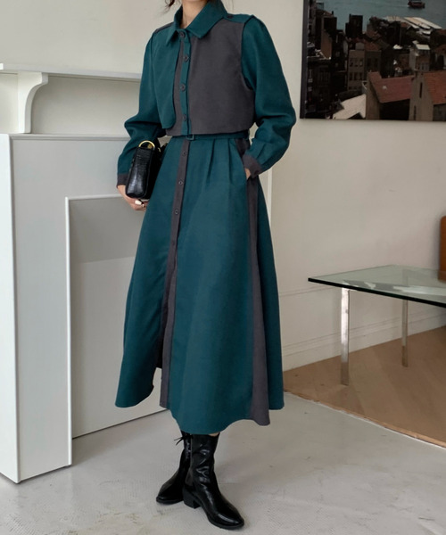 セール】レイヤード風バイカラーロングワンピース（ワンピース）｜emi+