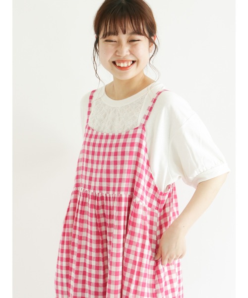 Samansa Mos2（サマンサ モスモス）の「レースパッチワークパフスリーブカットソー（Tシャツ/カットソー・レディース・パープル/オフホワイト/ミント/チャコール・ﾌﾘ-）」の2枚目の写真