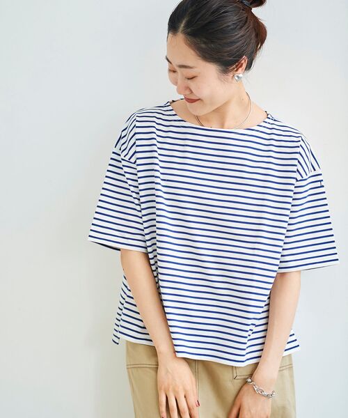 le.coeur blanc（ルクールブラン）の「オーガニックコットンボーダー5分袖プルオーバー（Tシャツ/カットソー・レディース・ブルー系その他2/グリーン系その他・38）」の5枚目の写真