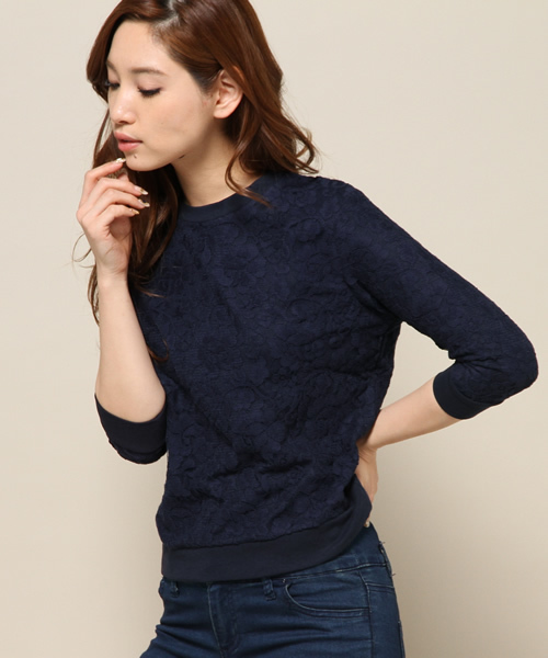 VENCEEXCHANGE（ヴァンスエクスチェンジ）の「レーススウェット七分袖プルオーバー    （スウェット・レディース・オフホワイト/ブラック/ネイビー・MEDIUM）」の3枚目の写真