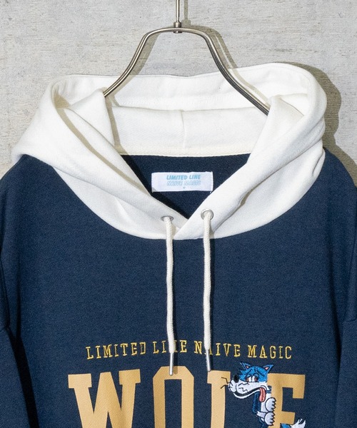 Limited Line Naive Magic(リミテッドラインナイーブマジック)の「【a】〔PETTYWOLF〕 裏毛フロントプリント&刺繍 ビックシルエットパーカー(パーカー・メンズ・ホワイト/アッシュグレー/ネイビー/オレンジ/グリーン・MEDIUM/LARGE)」の12枚目の写真
