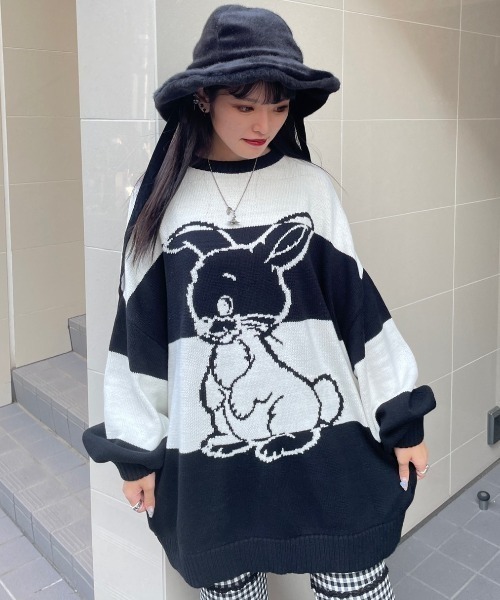 Candy Stripper(キャンディストリッパー)の「BUNNY BORDER ニット(ニット/セーター・レディース・イエロー/ピンク/オフホワイト・2)」の1枚目の写真