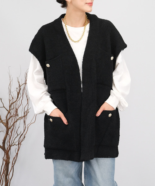 ＡＮＤＪ（アンドジェイ）の「【2022/AW】【ANDJ MADE】オーバーサイズループヤーンニットベスト（ベスト・レディース・ブラック/オフホワイト・M）」の2枚目の写真