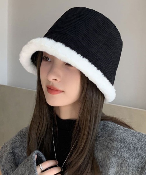 STYLEBLOCK(スタイルブロック)の「ファー使いワッフルバケットハット(ハット・レディース・ベージュ/ブラック/カーキ/ホワイト・FREE)」の3枚目の写真