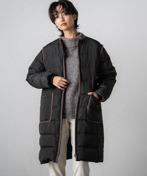 配色パイピングノーカラーダウンコート