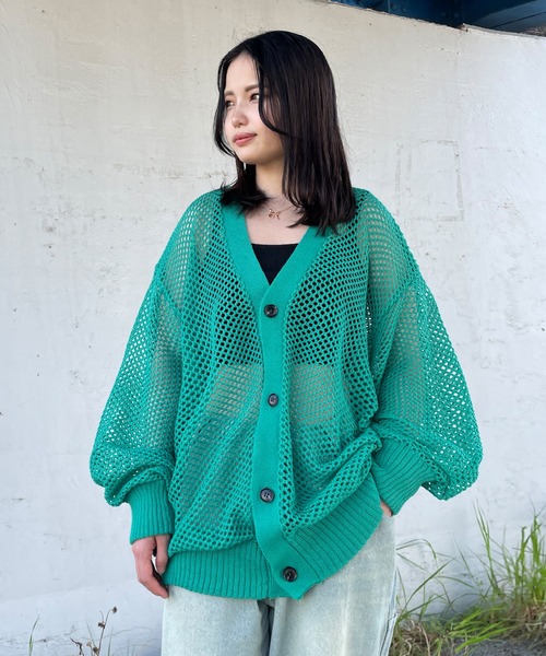 NULL（ヌル）の「【NULL】メッシュ編み カーディガン（カーディガン/ボレロ・メンズ・ブラック/レンガ/グリーン/アイボリー・FREE）」の3枚目の写真