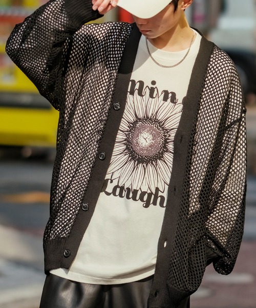 NULL（ヌル）の「【NULL】メッシュ編み カーディガン（カーディガン/ボレロ・メンズ・ブラック/レンガ/グリーン/アイボリー・FREE）」の2枚目の写真