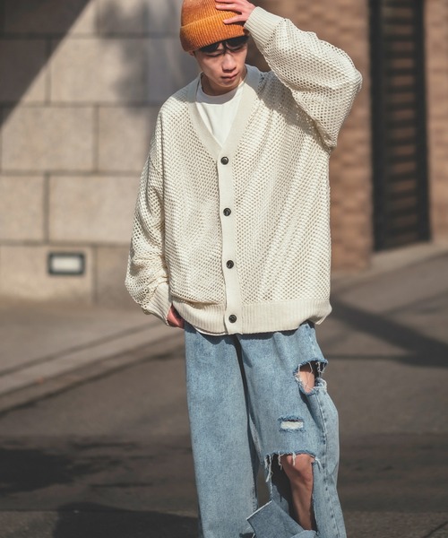 NULL（ヌル）の「【NULL】メッシュ編み カーディガン（カーディガン/ボレロ・メンズ・ブラック/レンガ/グリーン/アイボリー・FREE）」の22枚目の写真