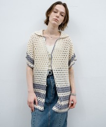 EKCOOKIES | 【 EKCOOKIES 】透かし編みニットポロ｜抜け感のある開襟デザイントップス(シャツ/ブラウス)