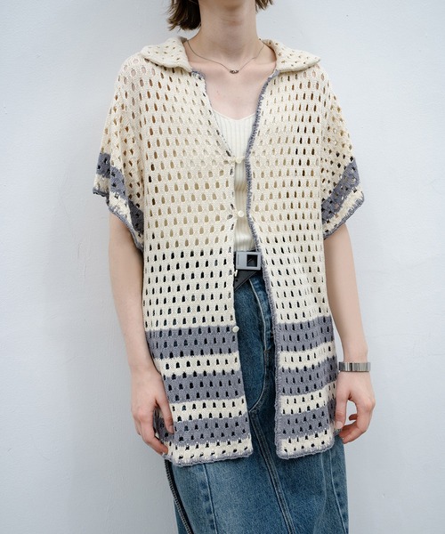 EKCOOKIES（イーケークッキーズ）の「【 EKCOOKIES 】透かし編みニットポロ｜抜け感のある開襟デザイントップス（シャツ/ブラウス・レディース・キナリ・S/M/L）」の4枚目の写真