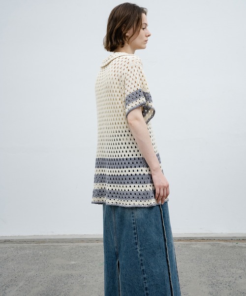 EKCOOKIES（イーケークッキーズ）の「【 EKCOOKIES 】透かし編みニットポロ｜抜け感のある開襟デザイントップス（シャツ/ブラウス・レディース・キナリ・S/M/L）」の22枚目の写真