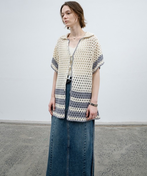 EKCOOKIES（イーケークッキーズ）の「【 EKCOOKIES 】透かし編みニットポロ｜抜け感のある開襟デザイントップス（シャツ/ブラウス・レディース・キナリ・S/M/L）」の21枚目の写真