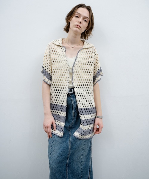 EKCOOKIES（イーケークッキーズ）の「【 EKCOOKIES 】透かし編みニットポロ｜抜け感のある開襟デザイントップス（シャツ/ブラウス・レディース・キナリ・S/M/L）」の20枚目の写真