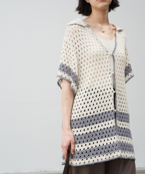 EKCOOKIES（イーケークッキーズ）の「【 EKCOOKIES 】透かし編みニットポロ｜抜け感のある開襟デザイントップス（シャツ/ブラウス・レディース・キナリ・S/M/L）」の16枚目の写真