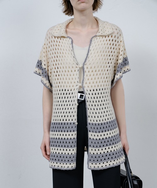 EKCOOKIES（イーケークッキーズ）の「【 EKCOOKIES 】透かし編みニットポロ｜抜け感のある開襟デザイントップス（シャツ/ブラウス・レディース・キナリ・S/M/L）」の13枚目の写真