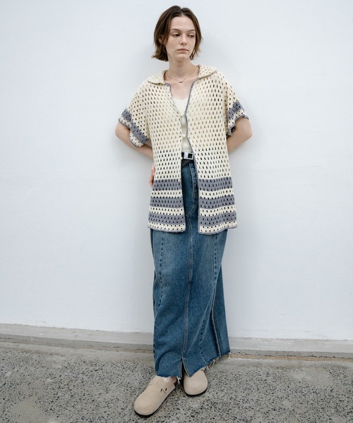 EKCOOKIES（イーケークッキーズ）の「【 EKCOOKIES 】透かし編みニットポロ｜抜け感のある開襟デザイントップス（シャツ/ブラウス・レディース・キナリ・S/M/L）」の11枚目の写真