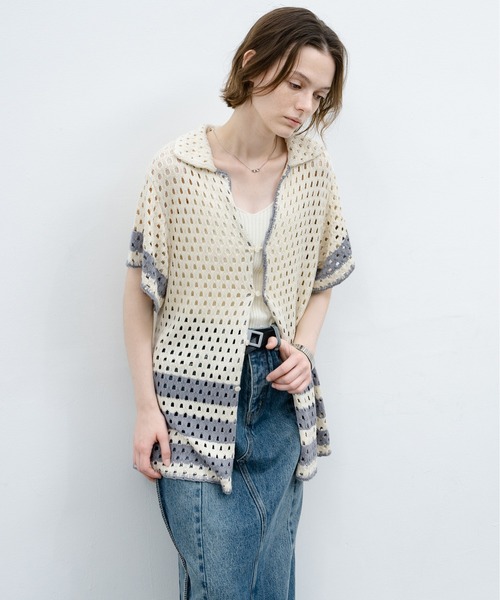 EKCOOKIES（イーケークッキーズ）の「【 EKCOOKIES 】透かし編みニットポロ｜抜け感のある開襟デザイントップス（シャツ/ブラウス・レディース・キナリ・S/M/L）」の9枚目の写真