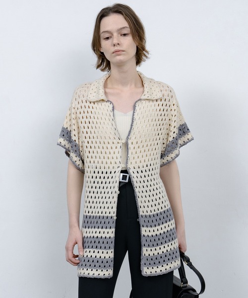 EKCOOKIES（イーケークッキーズ）の「【 EKCOOKIES 】透かし編みニットポロ｜抜け感のある開襟デザイントップス（シャツ/ブラウス・レディース・キナリ・S/M/L）」の5枚目の写真