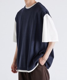 【レイヤード2点セット】アンサンブル ニットベスト＋ルーズベーシックTシャツ