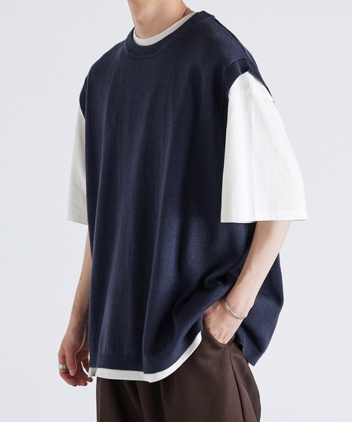 Anchor Smith（アンカー スミス）の「【レイヤード2点セット】アンサンブル ニットベスト＋ルーズベーシックTシャツ（ベスト・メンズ・ネイビー/チャコール/ブラック/グレイッシュベージュ/サックスブルー・M/L）」の4枚目の写真