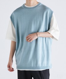 【レイヤード2点セット】アンサンブル ニットベスト+ルーズベーシックTシャツ