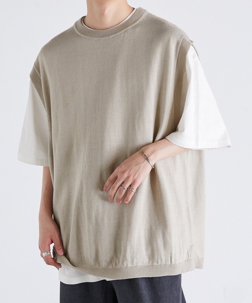 Anchor Smith（アンカー スミス）の「【レイヤード2点セット】アンサンブル ニットベスト＋ルーズベーシックTシャツ（ベスト・メンズ・ネイビー/チャコール/ブラック/グレイッシュベージュ/サックスブルー・M/L）」の3枚目の写真