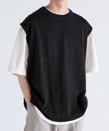 【レイヤード2点セット】アンサンブル ニットベスト＋ルーズベーシックTシャツ