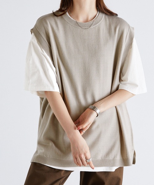 Anchor Smith（アンカー スミス）の「【レイヤード2点セット】アンサンブル ニットベスト＋ルーズベーシックTシャツ（ベスト・メンズ・ネイビー/チャコール/ブラック/グレイッシュベージュ/サックスブルー・M/L）」の8枚目の写真