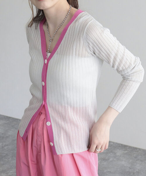 fredy emue（フレディエミュ）の「ワイドリブ配色シアーカーディガン（カーディガン/ボレロ・レディース・ネイビー/ライトグレー/オフホワイト・38）」の3枚目の写真